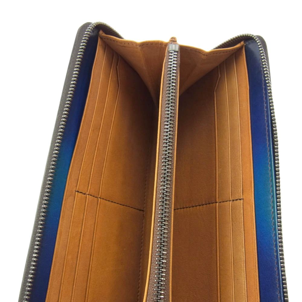 ユハク YFP114-30 Proof Foschia ラウンドファスナー 牛革 レザー ウォレット 長財布 ブルー系 ライトグリーン系【中古】