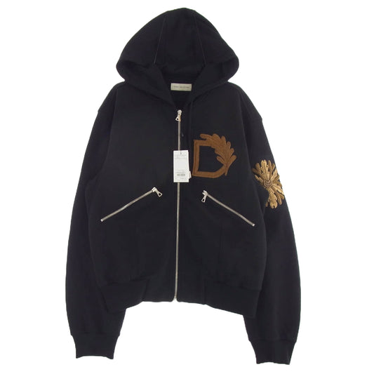 DRIES VAN NOTEN ドリスヴァンノッテン HARRINE EMB SWEAT JACKET ロゴ刺繍 ジップアップ フーディ パーカー ブラック系 ゴールド系 M【中古】