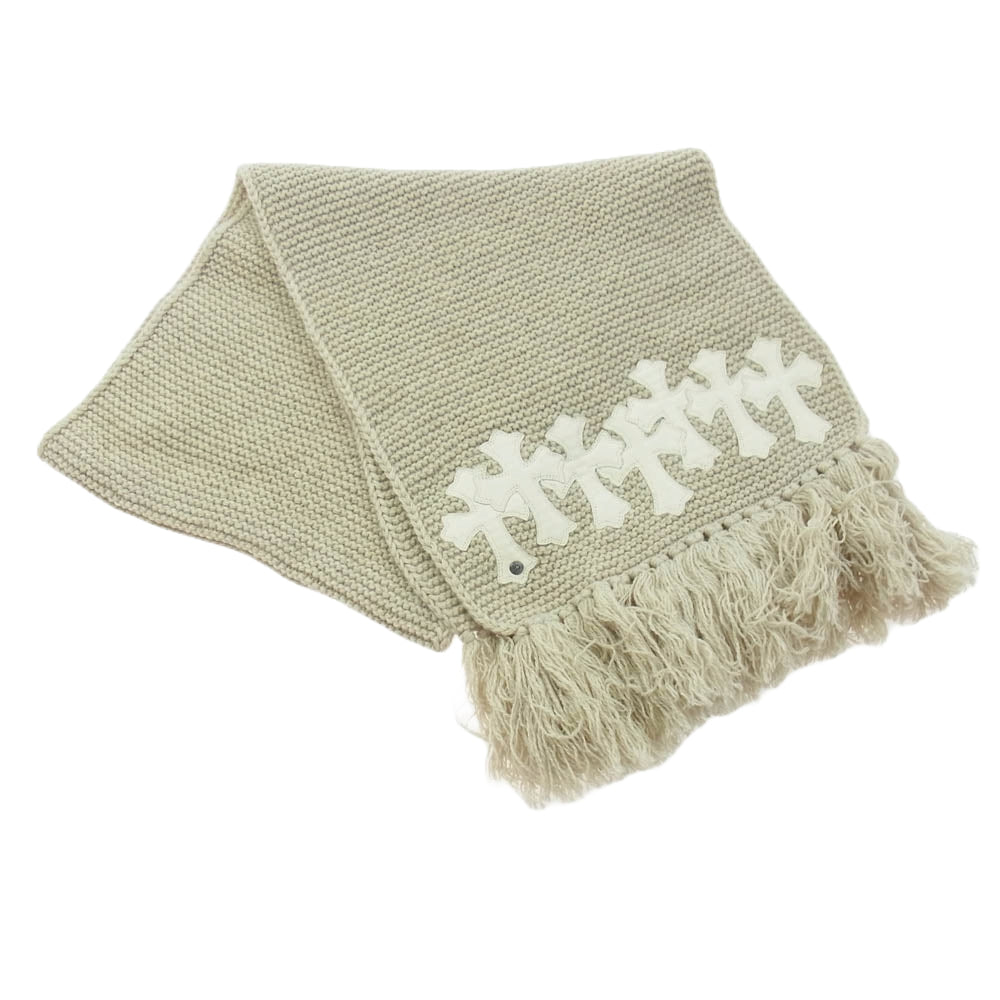 CHROME HEARTS クロムハーツ（原本無） SCARF FRNGD HNDKNT CEM レザー セメタリークロスパッチ付き カシミヤ フリンジ マフラー ストール スカーフ オフホワイト系 ベージュ系【中古】