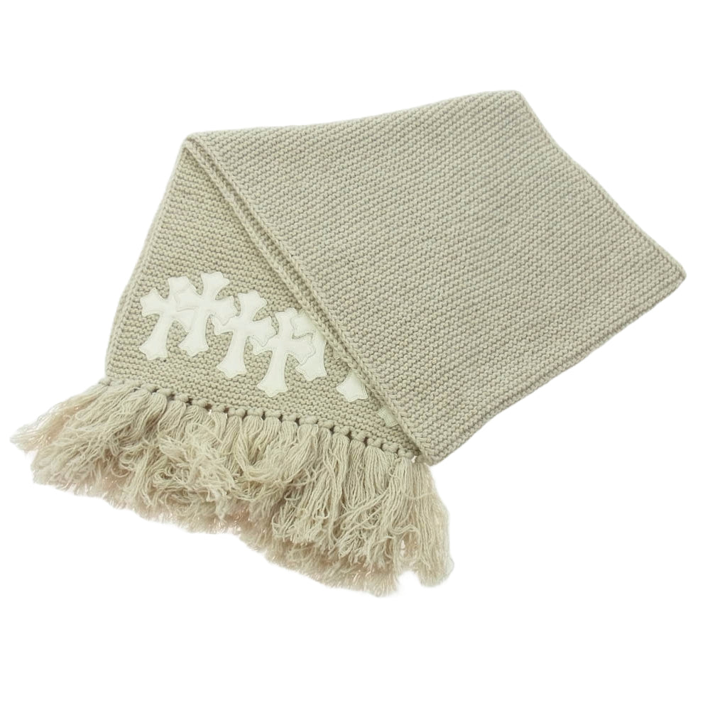 CHROME HEARTS クロムハーツ（原本無） SCARF FRNGD HNDKNT CEM レザー セメタリークロスパッチ付き カシミヤ フリンジ マフラー ストール スカーフ オフホワイト系 ベージュ系【中古】