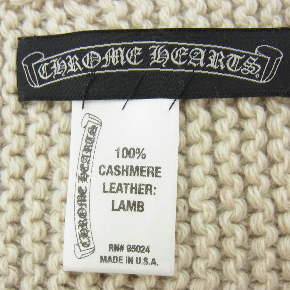 CHROME HEARTS クロムハーツ（原本無） SCARF FRNGD HNDKNT CEM レザー セメタリークロスパッチ付き カシミヤ フリンジ マフラー ストール スカーフ オフホワイト系 ベージュ系【中古】