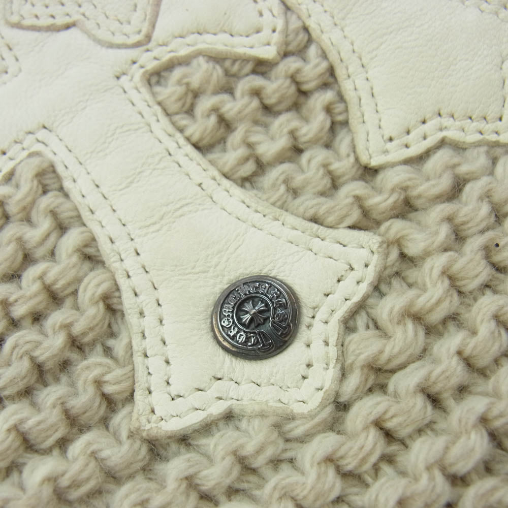 CHROME HEARTS クロムハーツ（原本無） SCARF FRNGD HNDKNT CEM レザー セメタリークロスパッチ付き カシミヤ フリンジ マフラー ストール スカーフ オフホワイト系 ベージュ系【中古】