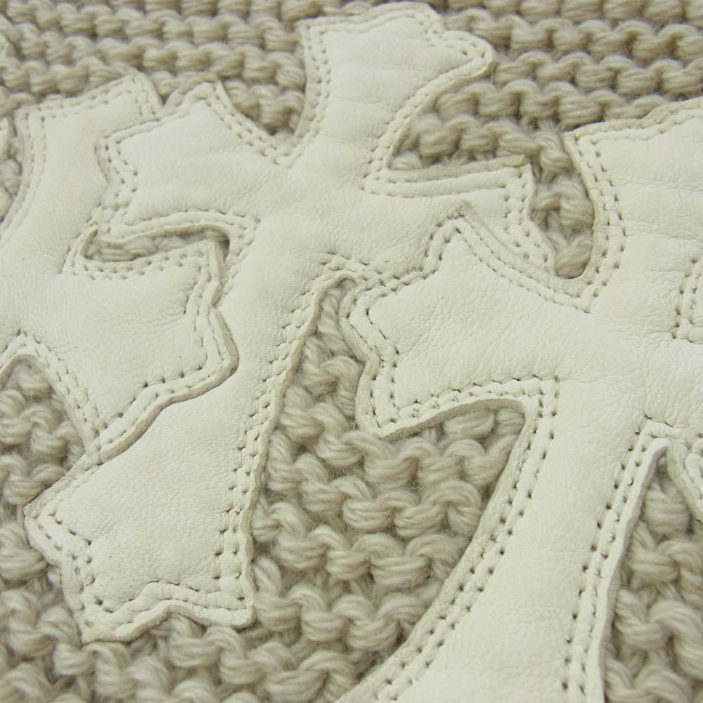 CHROME HEARTS クロムハーツ（原本無） SCARF FRNGD HNDKNT CEM レザー セメタリークロスパッチ付き カシミヤ フリンジ マフラー ストール スカーフ オフホワイト系 ベージュ系【中古】