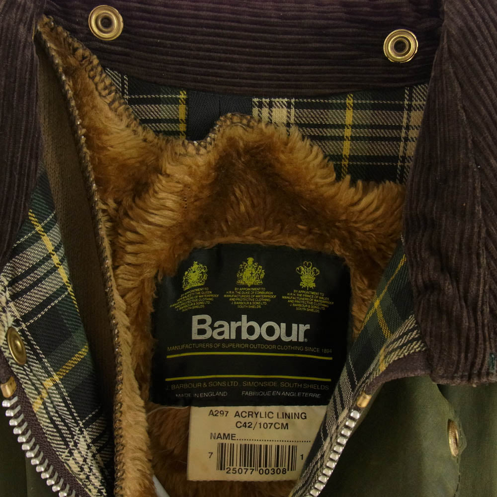 Barbour バブアー 英国製 90's BEDALE JACKET オイルド ジャケット ボアライナー付き カーキ系 C42/107CM【中古】