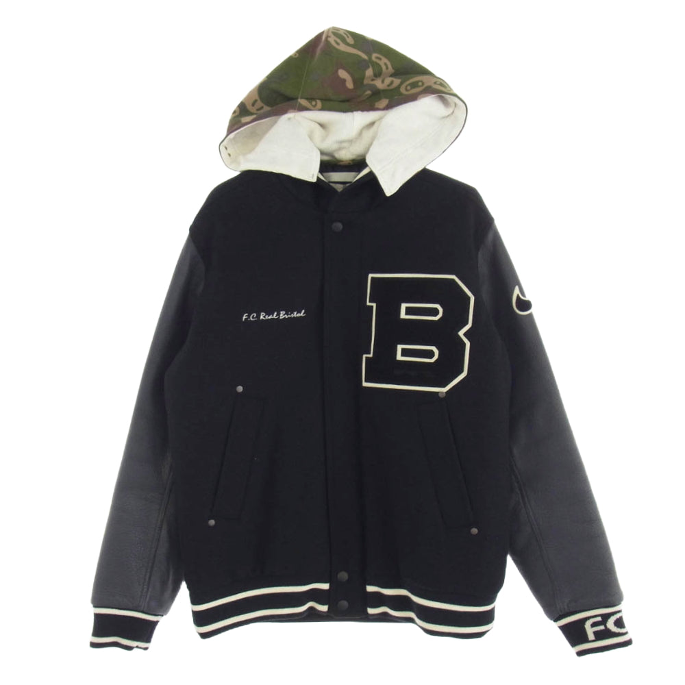 F.C.R.B. エフシーアールビー 01AW 107506 F.C.Real Bristol × NIKE ナイキ 着脱可 カモ柄フード付き 袖レザー 切替 中綿 スタジャン Y2K ブラック系 S【中古】