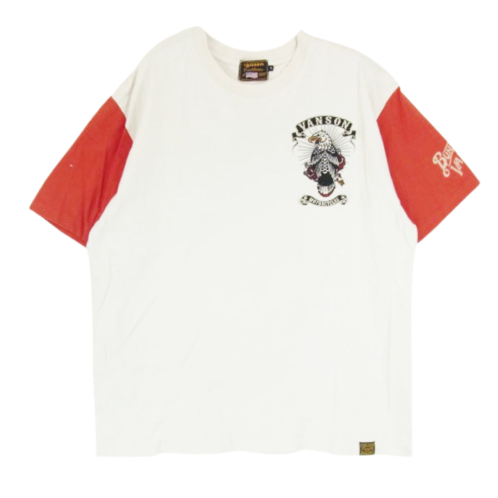 VANSON バンソン バック刺繍 アームカラー切替 Tシャツ 半袖 カットソー レッド系 XL【中古】