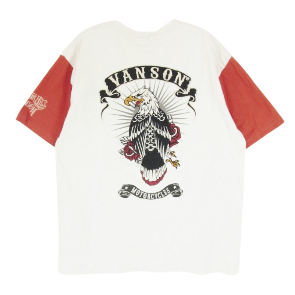 VANSON バンソン バック刺繍 アームカラー切替 Tシャツ 半袖 カットソー レッド系 XL【中古】