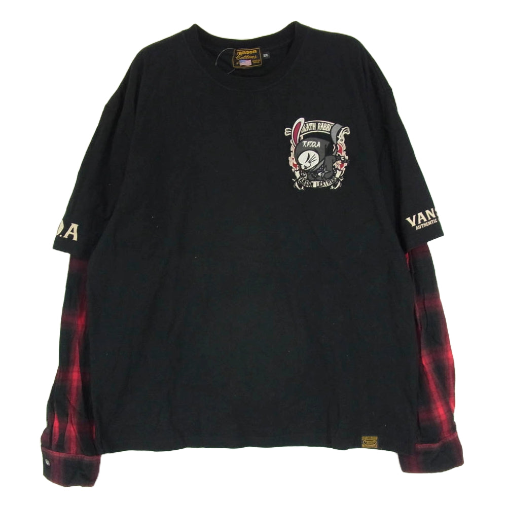 VANSON バンソン バック刺繍 レイヤード チェック 長袖 カットソー ブラック系 XXL【中古】