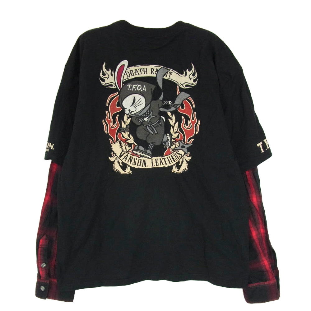 VANSON バンソン バック刺繍 レイヤード チェック 長袖 カットソー ブラック系 XXL【中古】