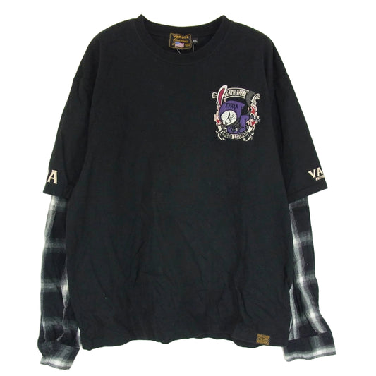 VANSON バンソン バック刺繍 レイヤード チェック 長袖カットソー ブラック系 XXL【中古】