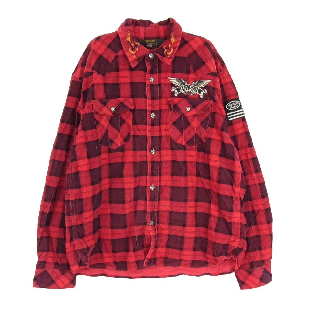 VANSON バンソン バック刺繍 コーデュロイ チェック 長袖シャツ レッド系 XXL【中古】