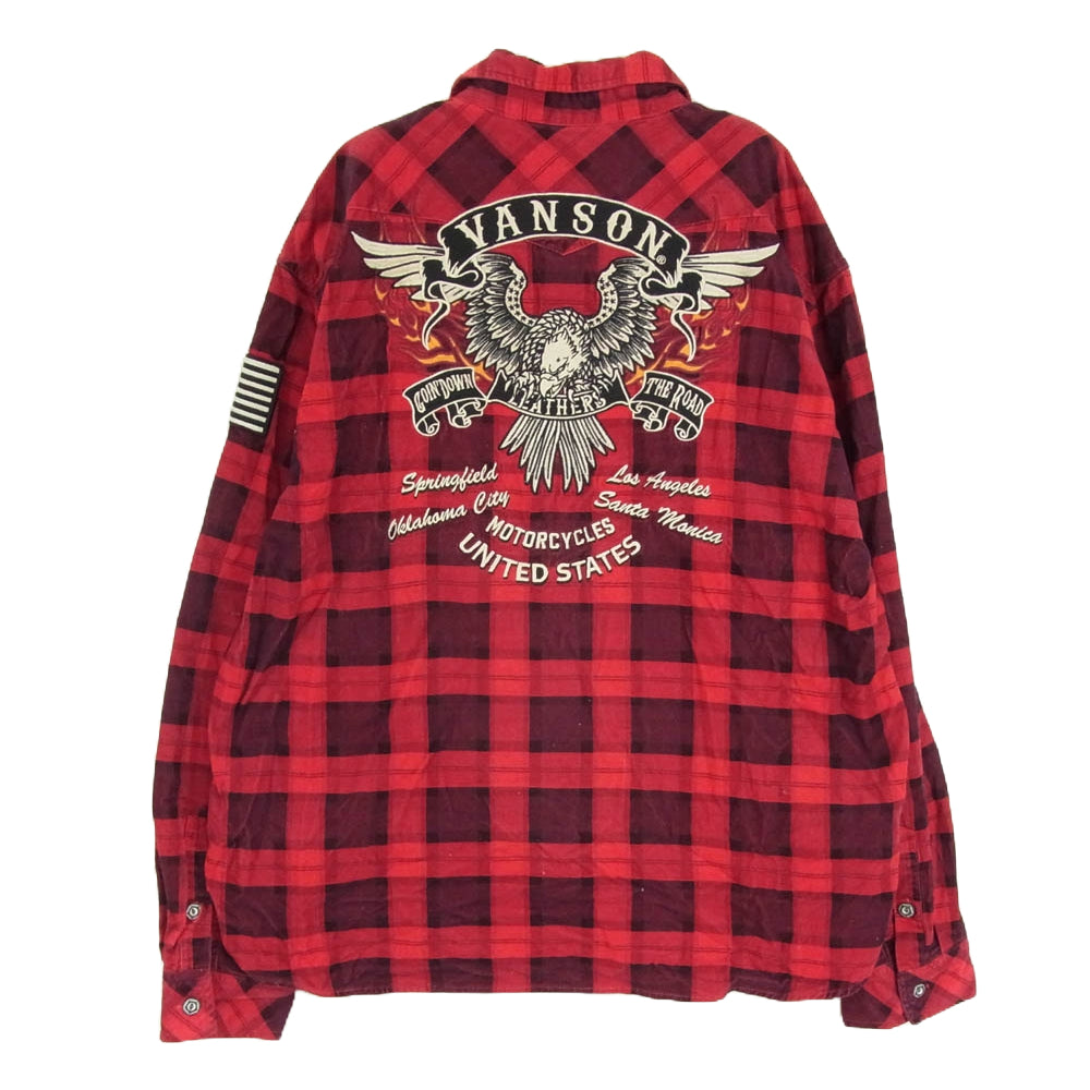 VANSON バンソン バック刺繍 コーデュロイ チェック 長袖シャツ レッド系 XXL【中古】