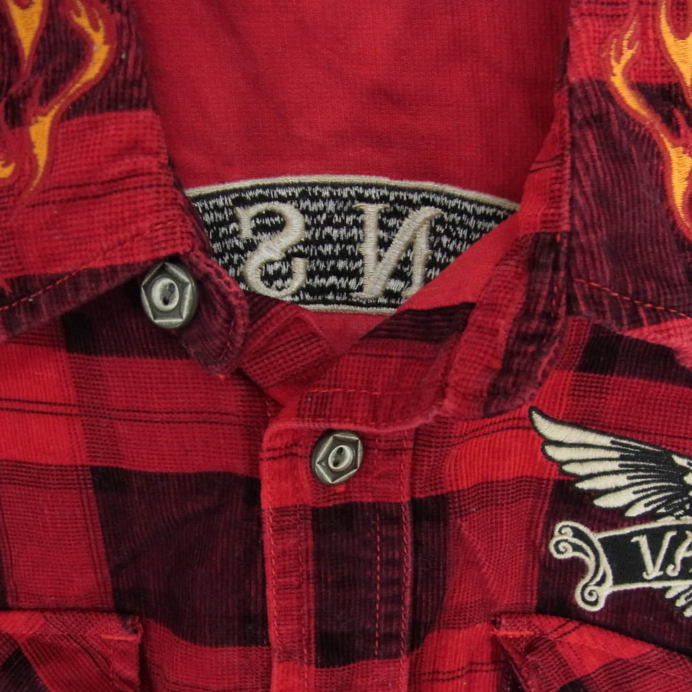 VANSON バンソン バック刺繍 コーデュロイ チェック 長袖シャツ レッド系 XXL【中古】