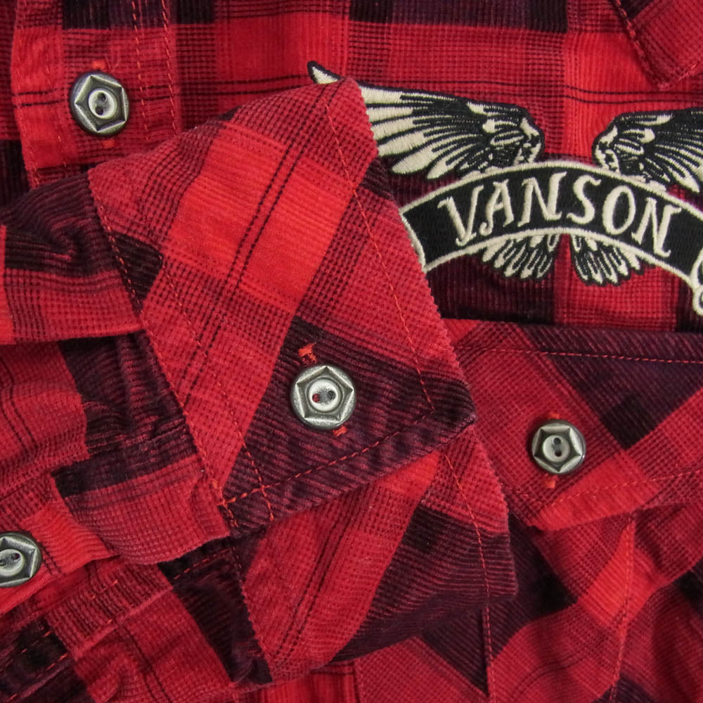 VANSON バンソン バック刺繍 コーデュロイ チェック 長袖シャツ レッド系 XXL【中古】