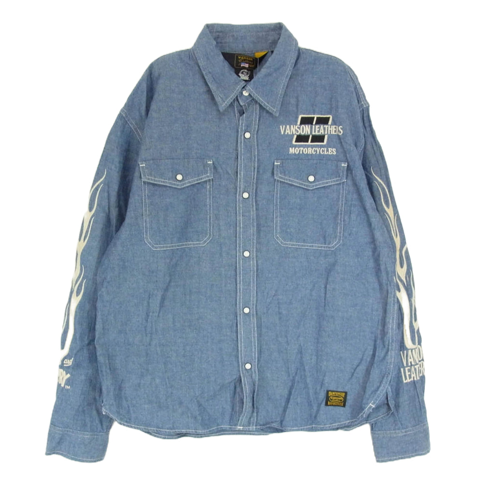 VANSON バンソン × TOM&JERRY バック刺繍 デニム シャンブレー 長袖シャツ インディゴブルー系 XL【中古】