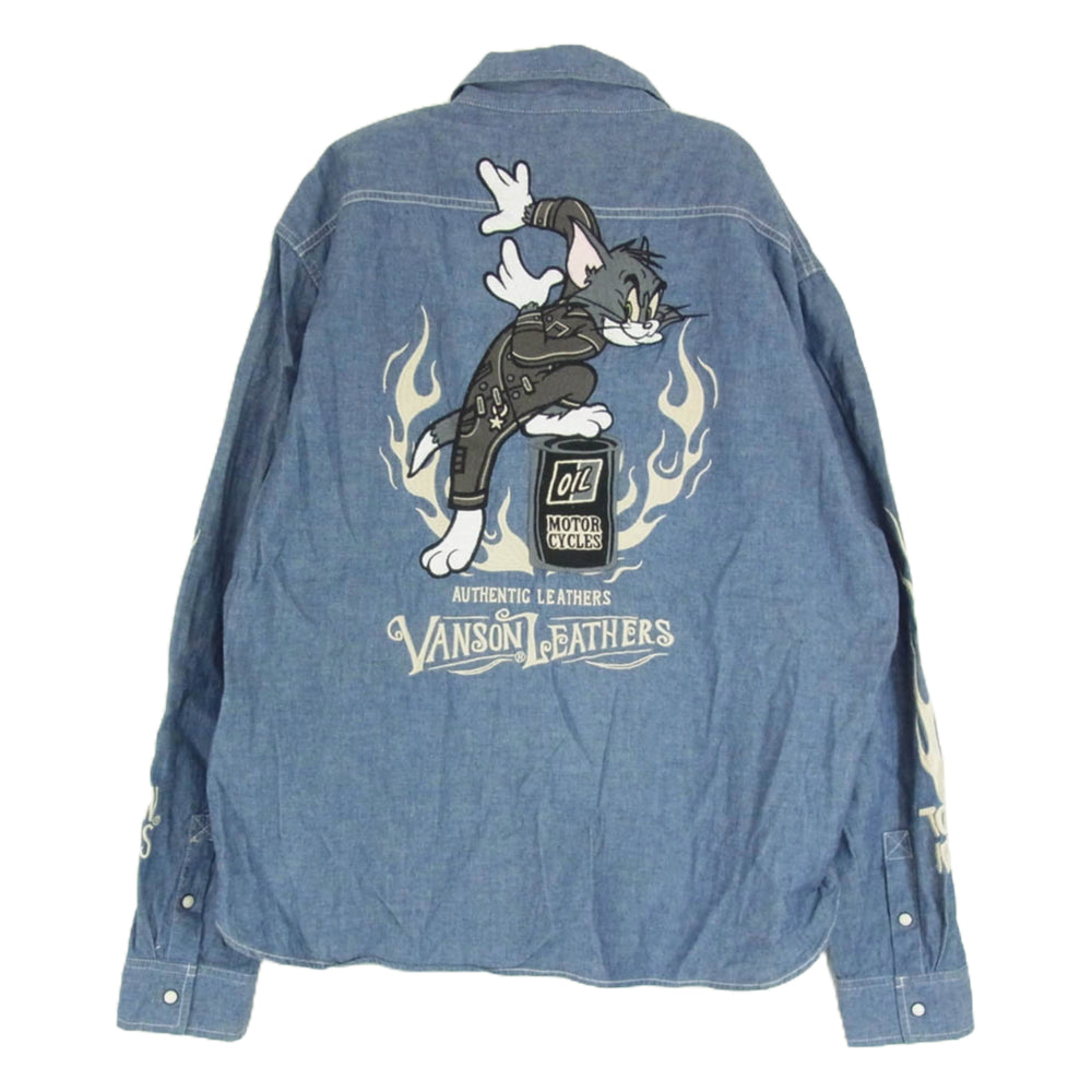 VANSON バンソン × TOM&JERRY バック刺繍 デニム シャンブレー 長袖シャツ インディゴブルー系 XL【中古】