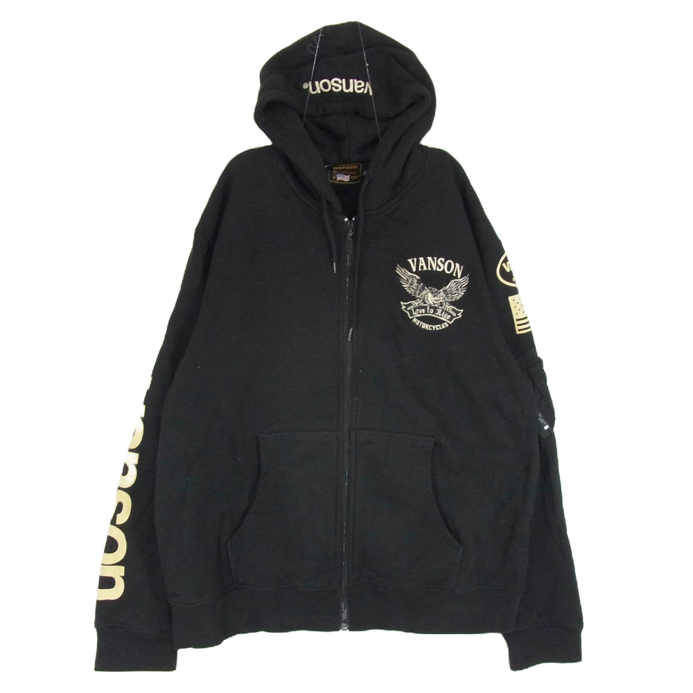 VANSON バンソン バック刺繍 サイドロゴデザイン ジップパーカー フーディー ブラック系 XXL【中古】