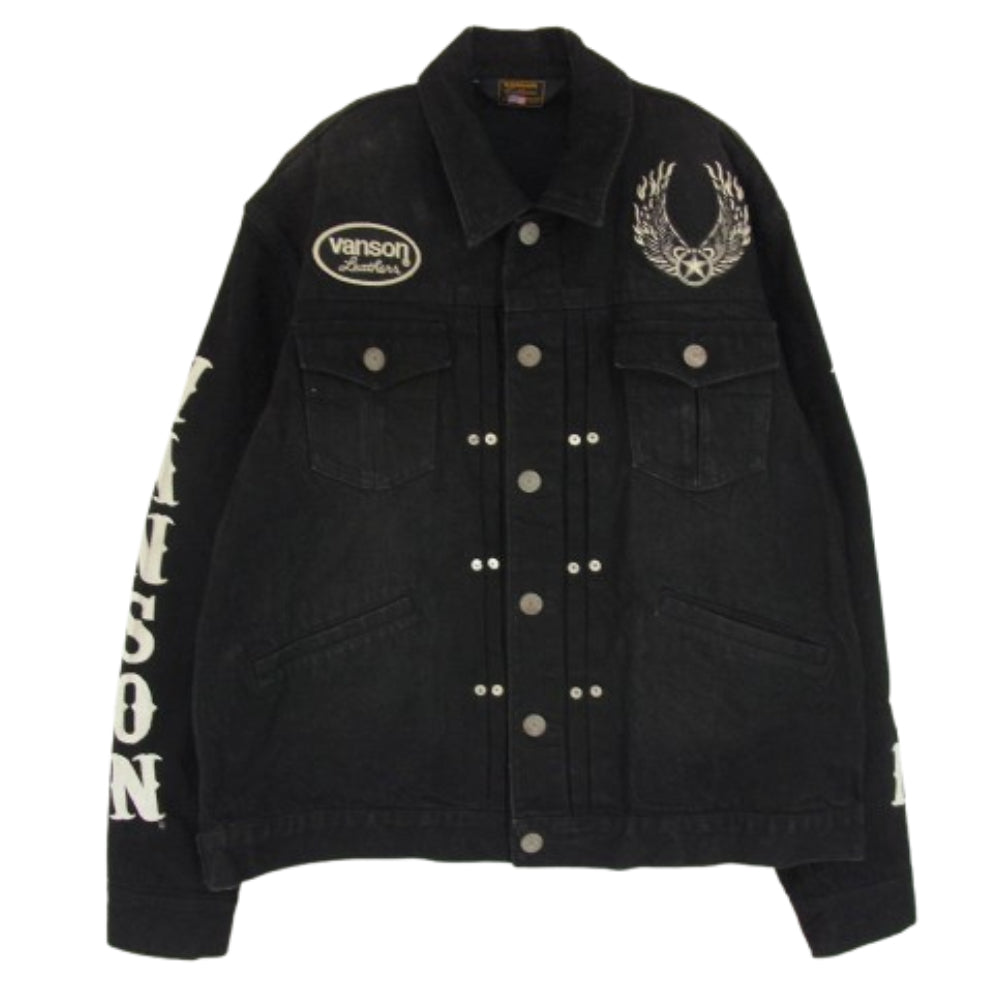 VANSON バンソン バックイーグル刺繍 袖ロゴプリント デニムジャケット トラッカージャケット ブラック系 XXL【中古】