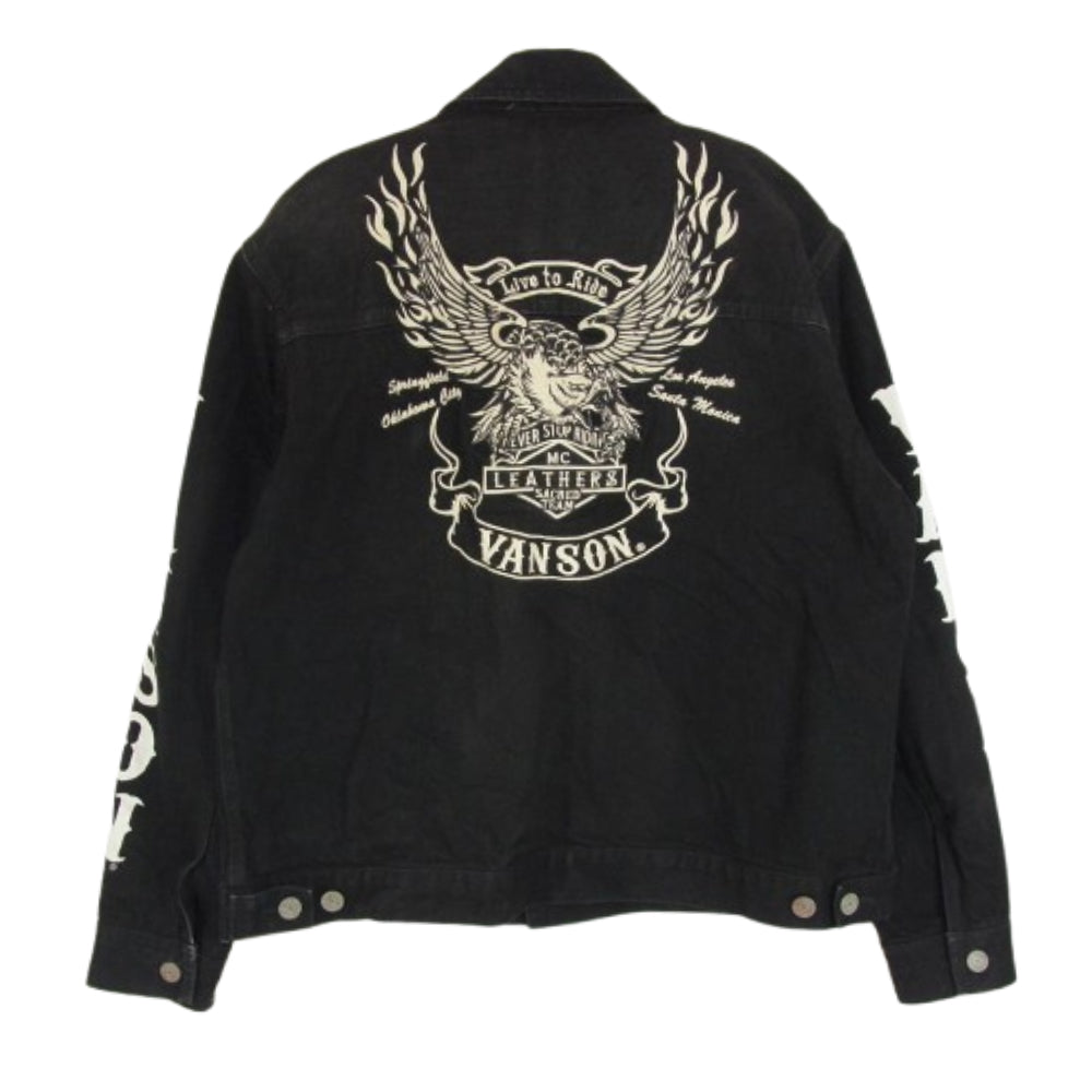 VANSON バンソン バックイーグル刺繍 袖ロゴプリント デニムジャケット トラッカージャケット ブラック系 XXL【中古】