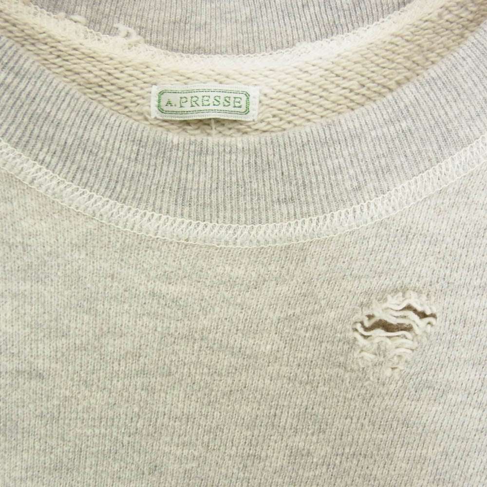 A.PRESSE アプレッセ 22SS 22SAP-05-03M Vintage Washed Sweat shirt ヴィンテージ ビンテージ ウォッシュド ダメージ加工 スウェット シャツ トレーナー グレー系 2【中古】