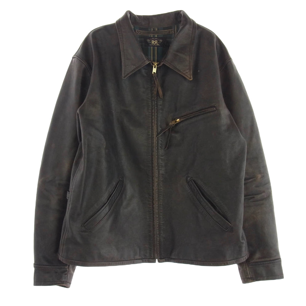 RRL ダブルアールエル MNRROTW16020078 バックルタブ付き チェック柄ツイル カウハイド レザー ジャケット ブラウン系 L【新古品】【未使用】【中古】