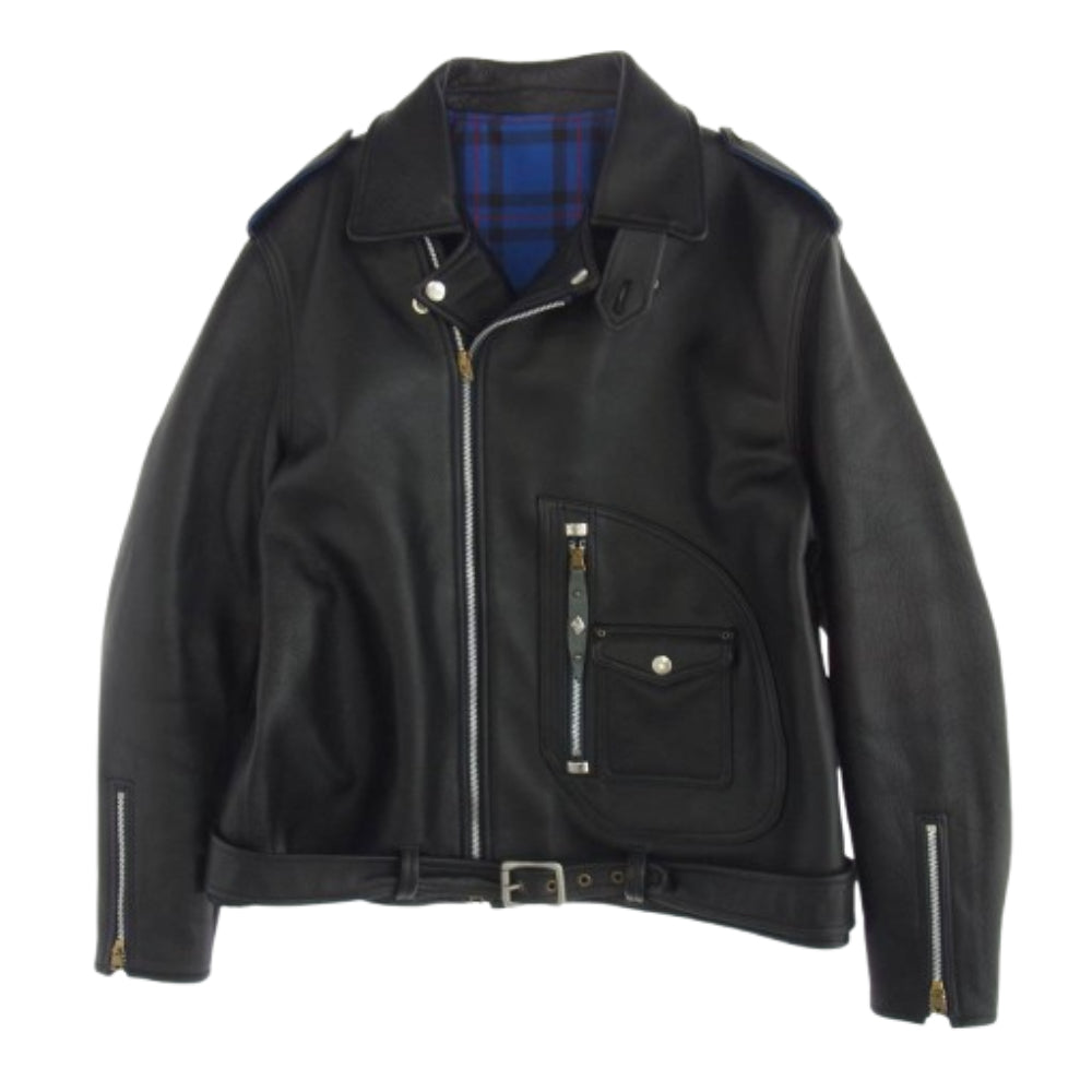スリーフェイス 333 LEATHER JACKET ダブル ライダースジャケット レザージャケット 裏地タータンチェック ブラック系 XL【中古】
