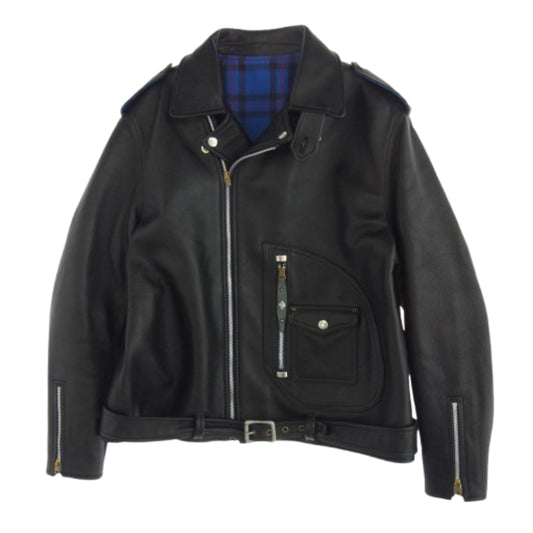 スリーフェイス 333 LEATHER JACKET ダブル ライダースジャケット レザージャケット 裏地タータンチェック ブラック系 XL【中古】