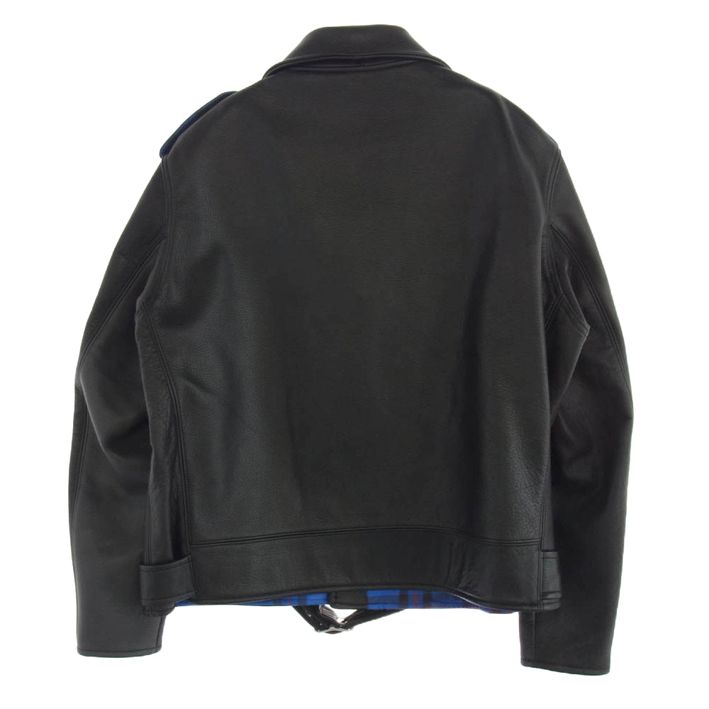 スリーフェイス 333 LEATHER JACKET ダブル ライダースジャケット レザージャケット 裏地タータンチェック ブラック系 XL【中古】