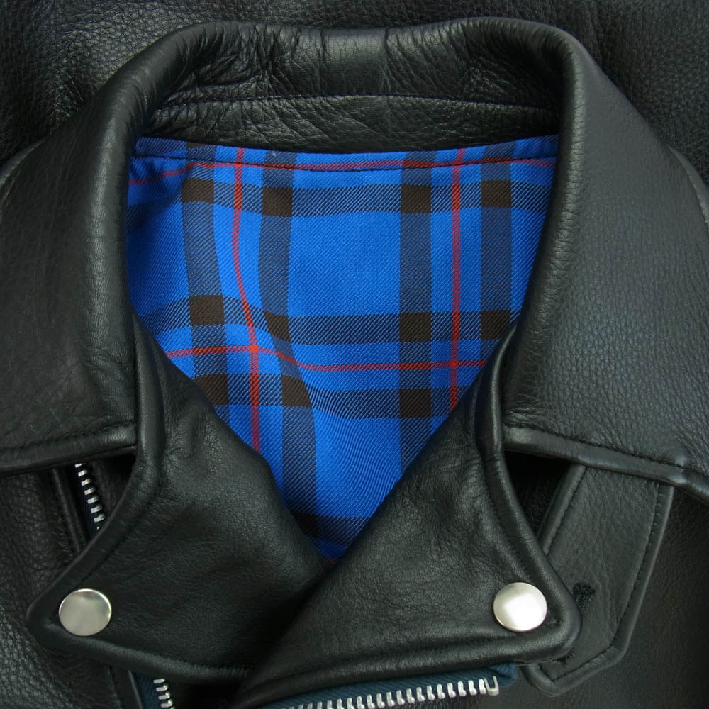 スリーフェイス 333 LEATHER JACKET ダブル ライダースジャケット レザージャケット 裏地タータンチェック ブラック系 XL【中古】