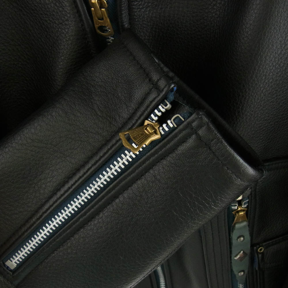 スリーフェイス 333 LEATHER JACKET ダブル ライダースジャケット レザージャケット 裏地タータンチェック ブラック系 XL【中古】