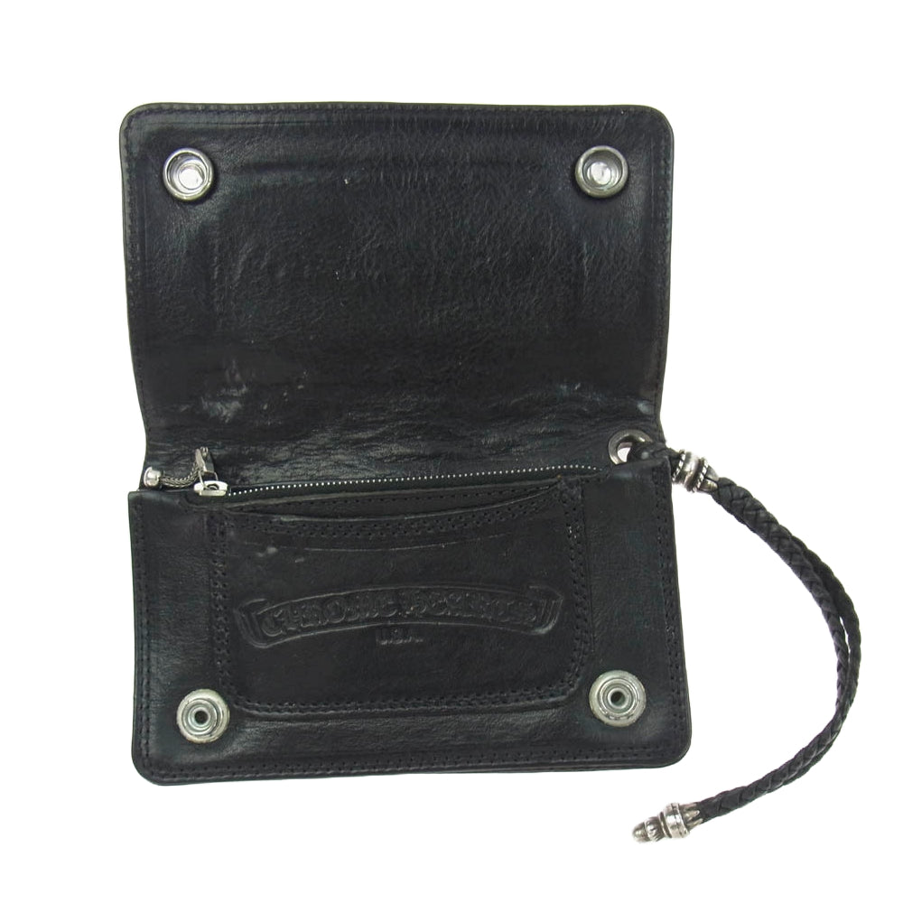 CHROME HEARTS クロムハーツ（原本無） 1ZIP STRAP フローラルボタン 1ジップウォレット レザーブレードストラップ付き 財布 ブラック系【中古】