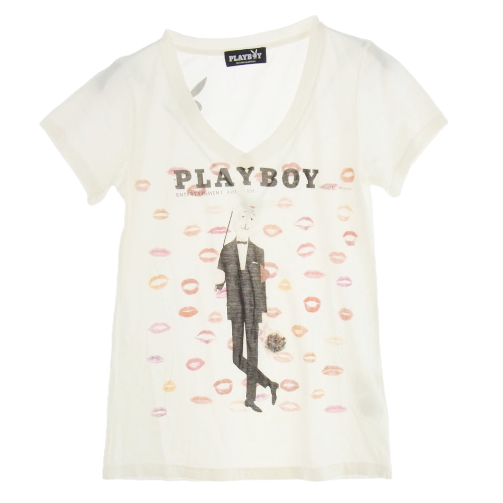 HYSTERIC GLAMOUR ヒステリックグラマー 1141CT07 × PLAY BOY プレイボーイ Vネック プリント Tシャツ 半袖カットソー オフホワイト系 FREE【中古】