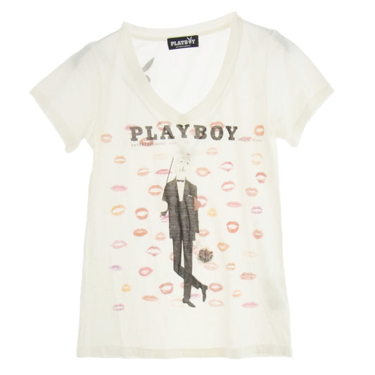 HYSTERIC GLAMOUR ヒステリックグラマー 1141CT07 × PLAY BOY プレイボーイ Vネック プリント Tシャツ 半袖カットソー オフホワイト系 FREE【中古】