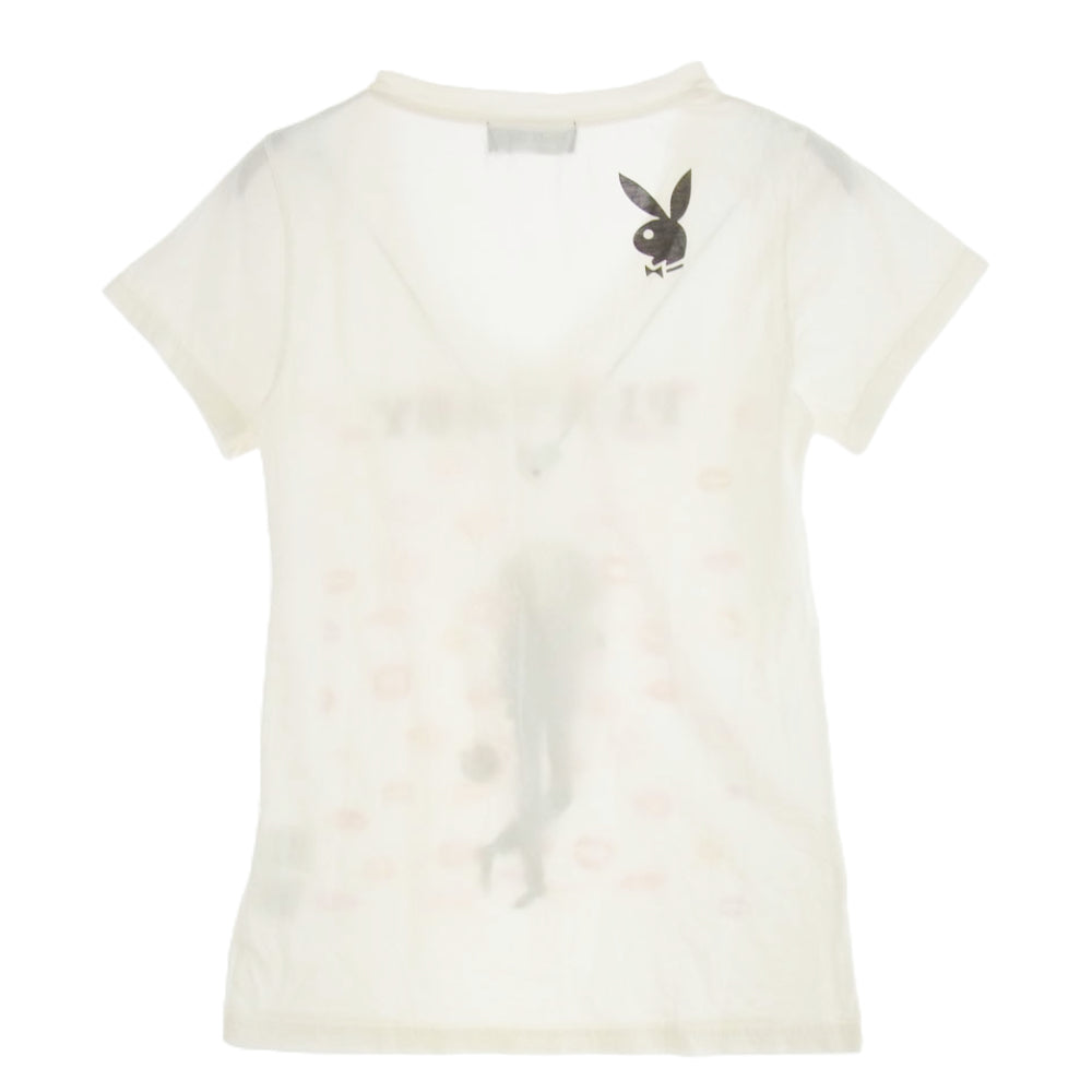 HYSTERIC GLAMOUR ヒステリックグラマー 1141CT07 × PLAY BOY プレイボーイ Vネック プリント Tシャツ 半袖カットソー オフホワイト系 FREE【中古】