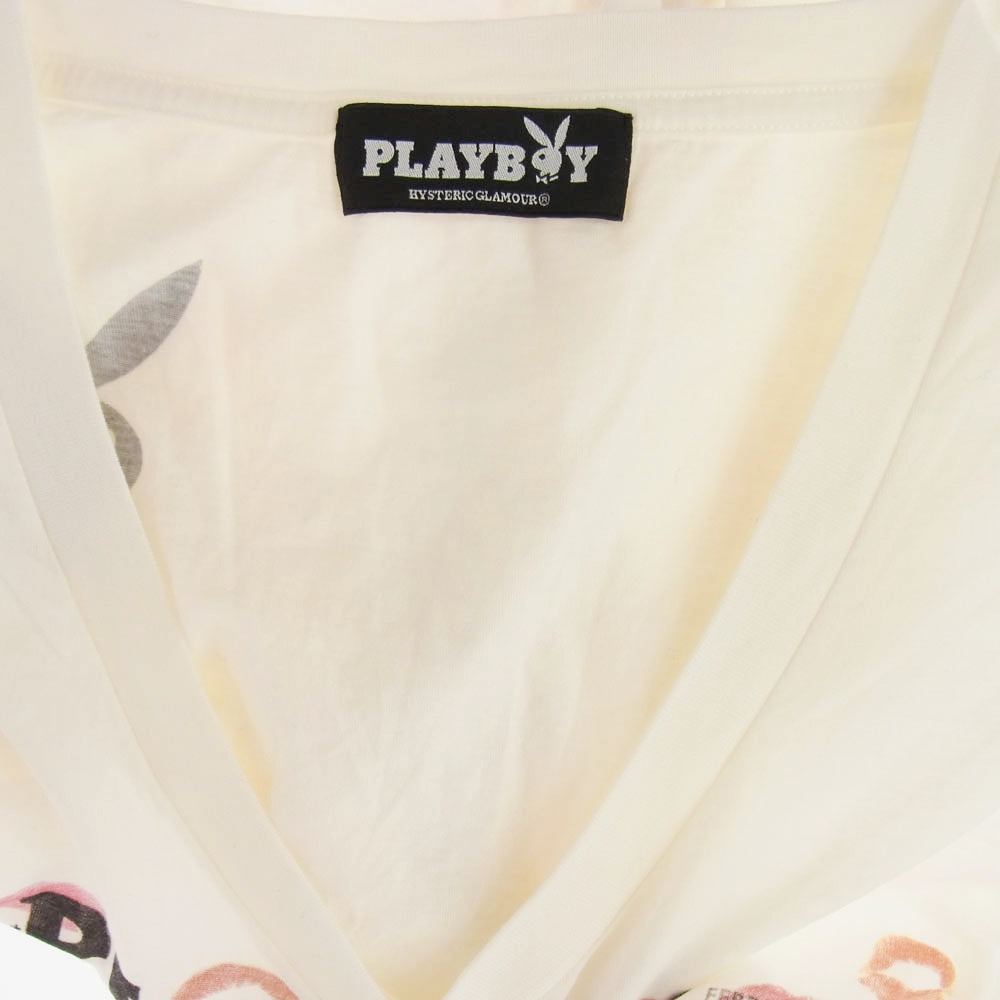 HYSTERIC GLAMOUR ヒステリックグラマー 1141CT07 × PLAY BOY プレイボーイ Vネック プリント Tシャツ 半袖カットソー オフホワイト系 FREE【中古】