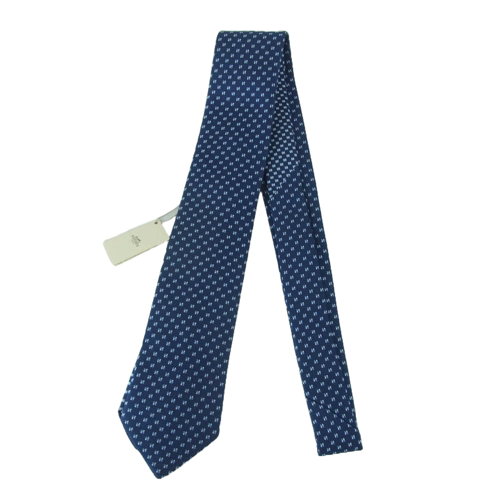 HERMES エルメス シルク100％ 総柄 ネクタイ フランス製 ネイビー系【新古品】【未使用】【中古】