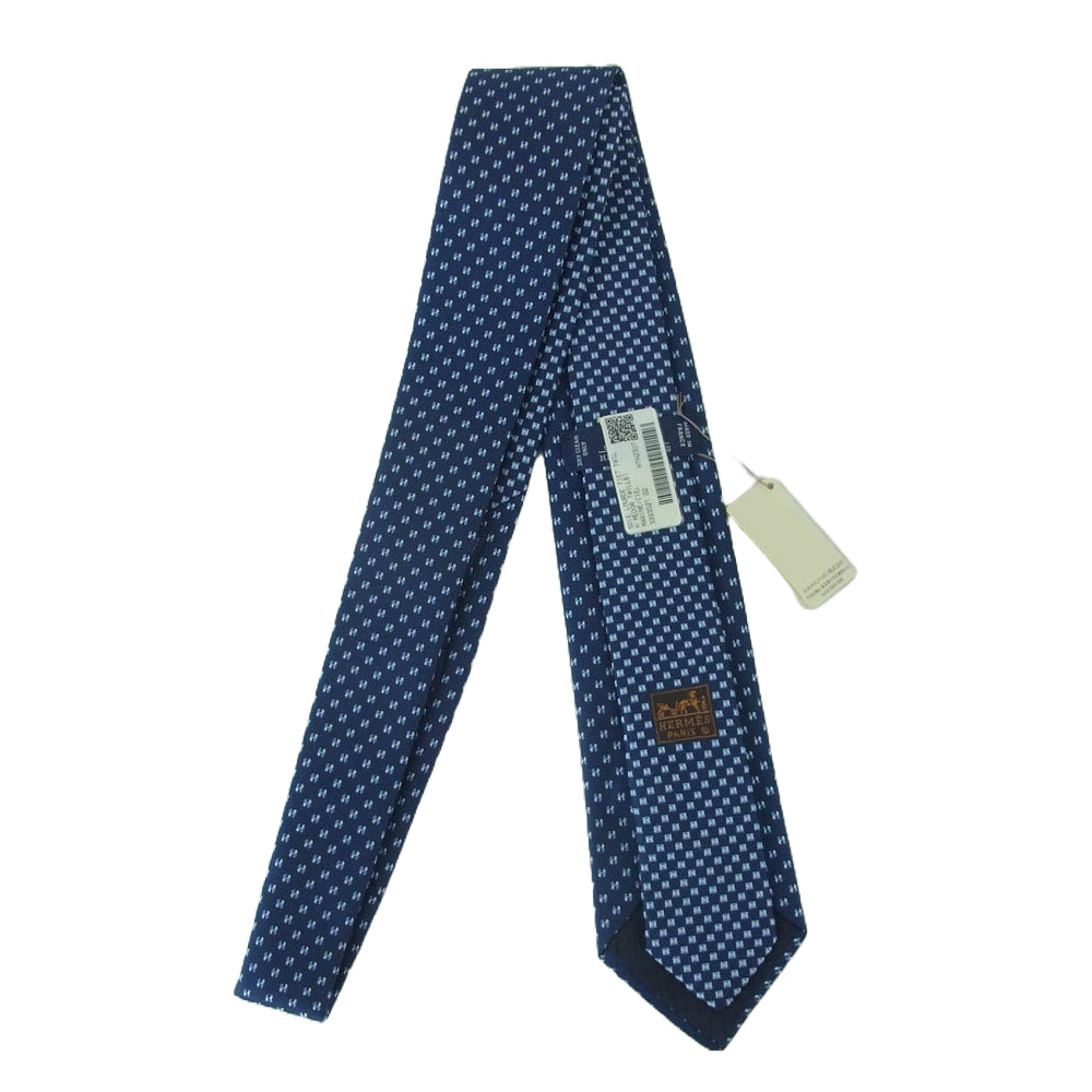 HERMES エルメス シルク100％ 総柄 ネクタイ フランス製 ネイビー系【新古品】【未使用】【中古】