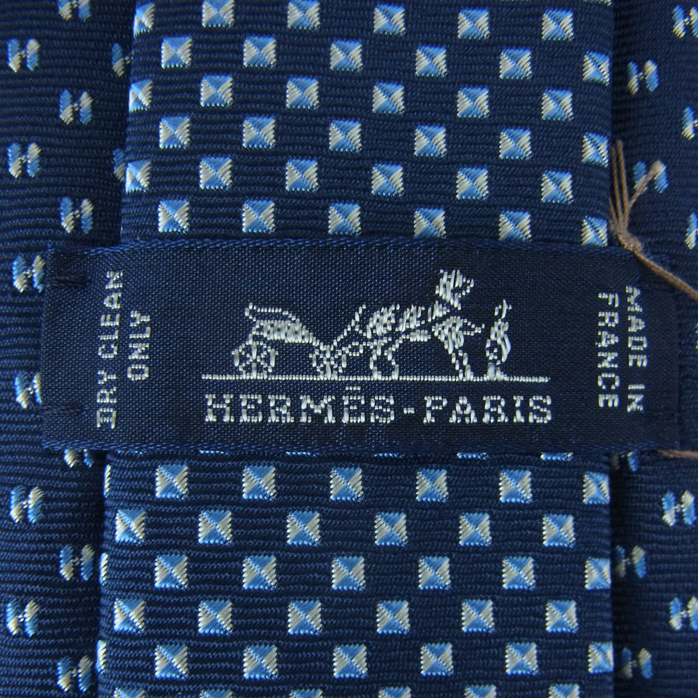 HERMES エルメス シルク100％ 総柄 ネクタイ フランス製 ネイビー系【新古品】【未使用】【中古】