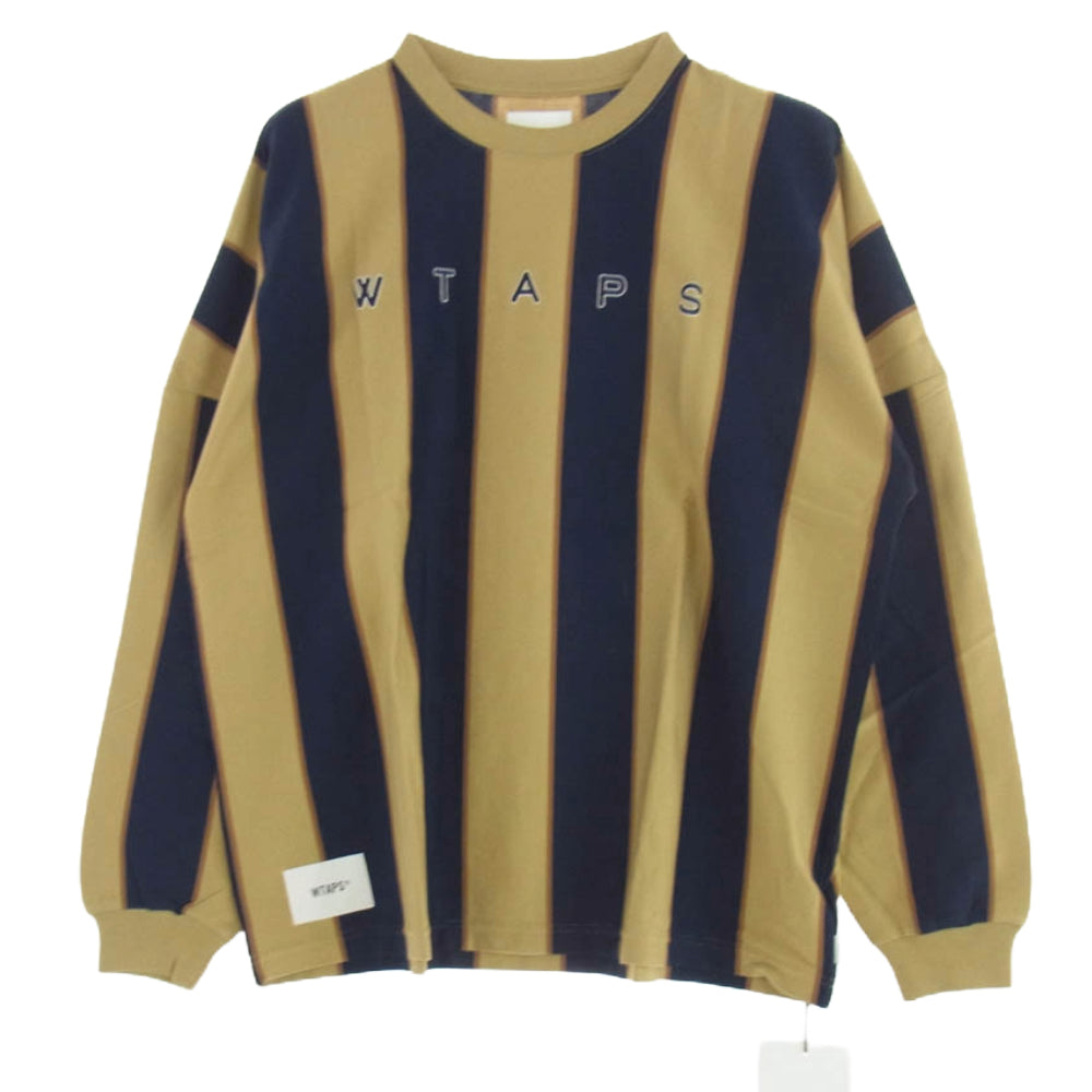 WTAPS ダブルタップス 21AW 212ATDT-CSM35 PEACE LS COTTON ストライプ ロゴプリント コットン ロングスリーブＴシャツ 長袖カットソー ネイビー系 ライトブラウン系 2【新古品】【未使用】【中古】