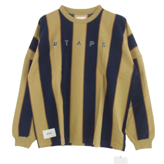 WTAPS ダブルタップス 21AW 212ATDT-CSM35 PEACE LS COTTON ストライプ ロゴプリント コットン ロングスリーブＴシャツ 長袖カットソー ネイビー系 ライトブラウン系 2【新古品】【未使用】【中古】