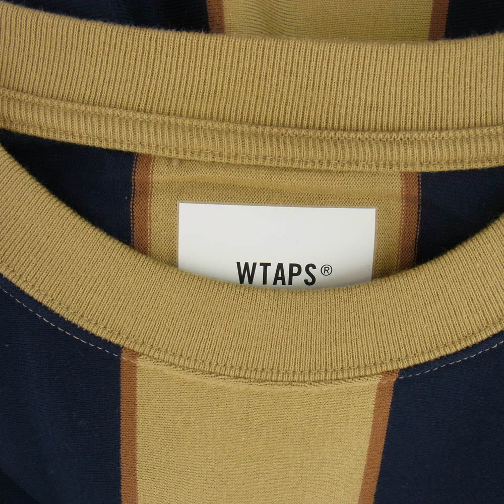 WTAPS ダブルタップス 21AW 212ATDT-CSM35 PEACE LS COTTON ストライプ ロゴプリント コットン ロングスリーブＴシャツ 長袖カットソー ネイビー系 ライトブラウン系 2【新古品】【未使用】【中古】