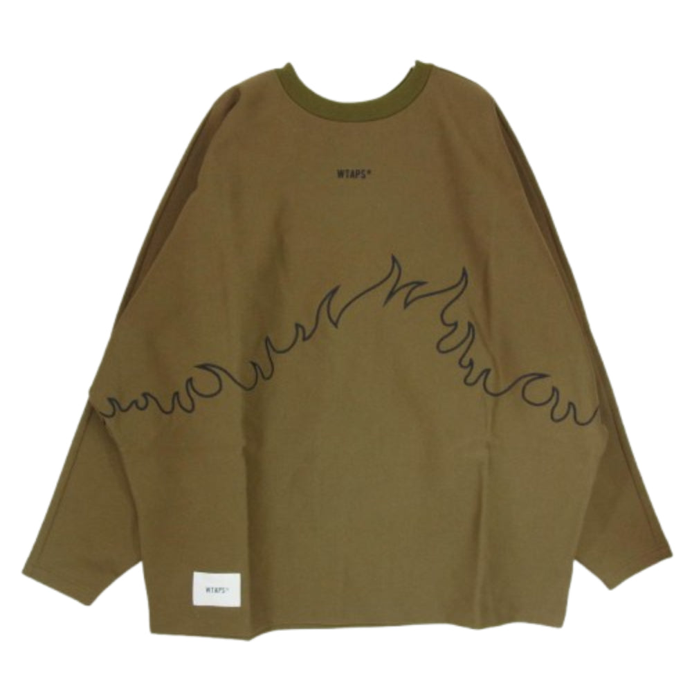 WTAPS ダブルタップス 20AW 202ATDT-CSM25 FLAMMABLE CREWNECK COPO ファイヤー 刺? 長袖 スウェット カーキ系 X03【新古品】【未使用】【中古】