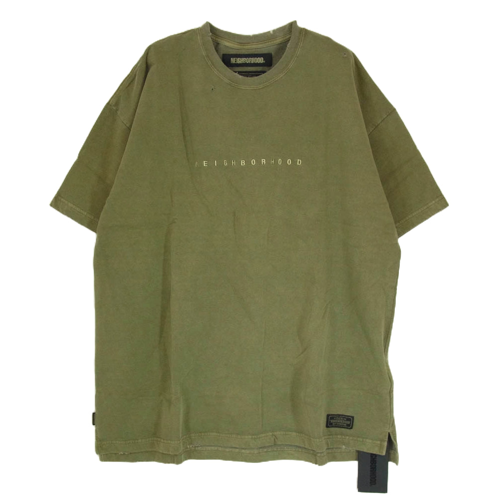 NEIGHBORHOOD ネイバーフッド 19AW 192FPNH-CSM01S SAVAGE SQD C-CREW SS ダメージ加工 ロゴ刺繍 Tシャツ 半袖カットソー カーキ系 L【新古品】【未使用】【中古】