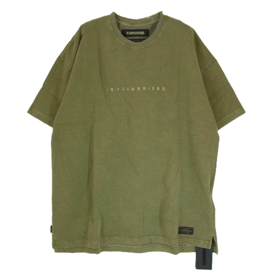 NEIGHBORHOOD ネイバーフッド 19AW 192FPNH-CSM01S SAVAGE SQD C-CREW SS ダメージ加工 ロゴ刺繍 Tシャツ 半袖カットソー カーキ系 L【新古品】【未使用】【中古】