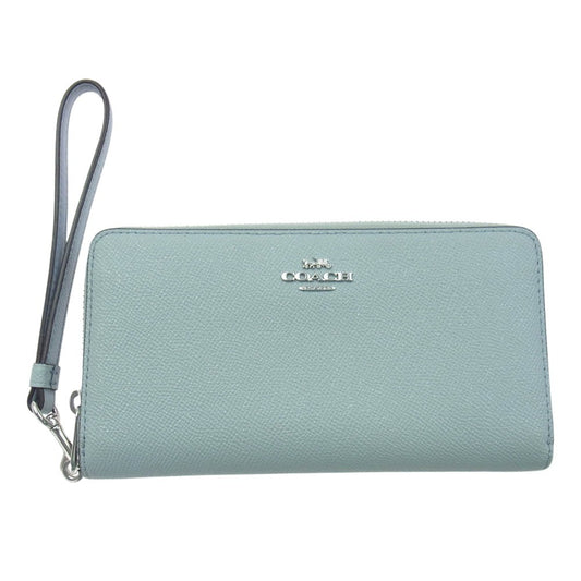 COACH コーチ C4451SVQVE LONG ZIP AROUND WALLET ウォーターフォール ストラップ付き ラウンドジップ 長財布 ライトブルー系【美品】【中古】