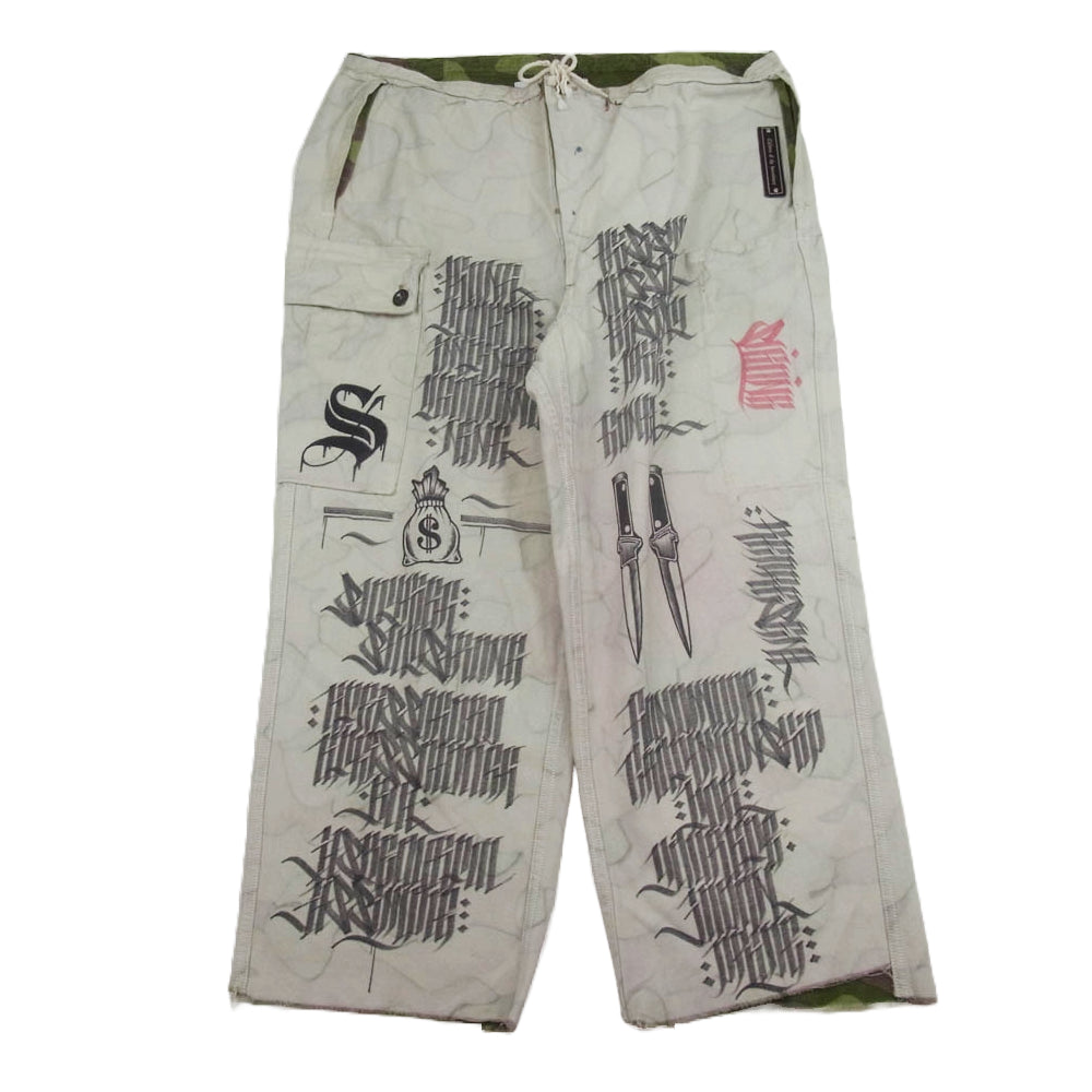 Children of the discordance チルドレンオブザディスコーダンス ペイント リバーシブル カモフラ カーゴ パンツ カーキ系 L【中古】