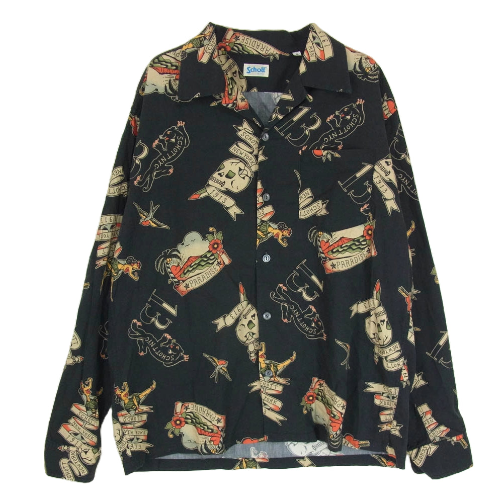 schott ショット HAWAIIAN LS SHIRT TATTOO ハワイアン タトゥー オープンカラー 長袖 シャツ ブラック系 M【中古】