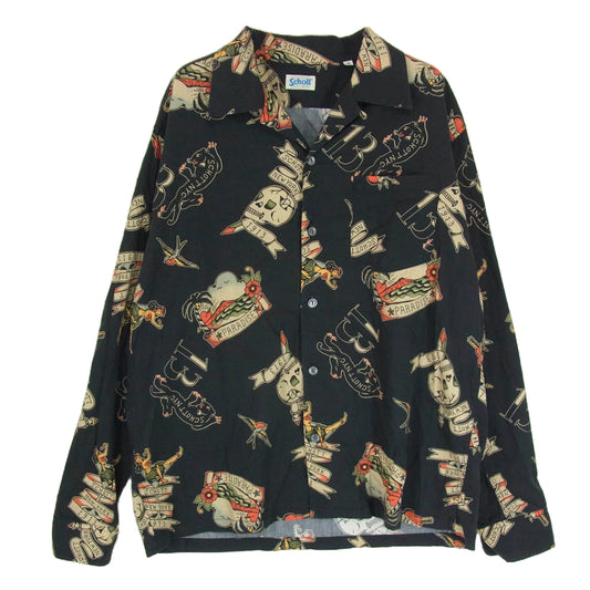 schott ショット HAWAIIAN LS SHIRT TATTOO ハワイアン タトゥー オープンカラー 長袖 シャツ ブラック系 M【中古】