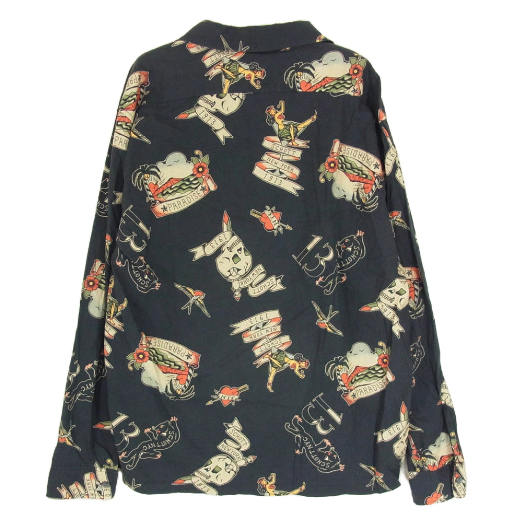 schott ショット HAWAIIAN LS SHIRT TATTOO ハワイアン タトゥー オープンカラー 長袖 シャツ ブラック系 M【中古】