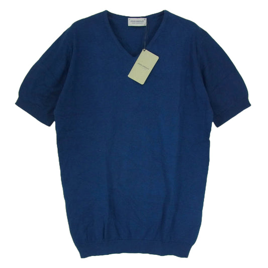 JOHN SMEDLEY ジョンスメドレー 英国製 Vネック ニットトップ 半袖 ブルー インディゴブルー系 S【新古品】【未使用】【中古】